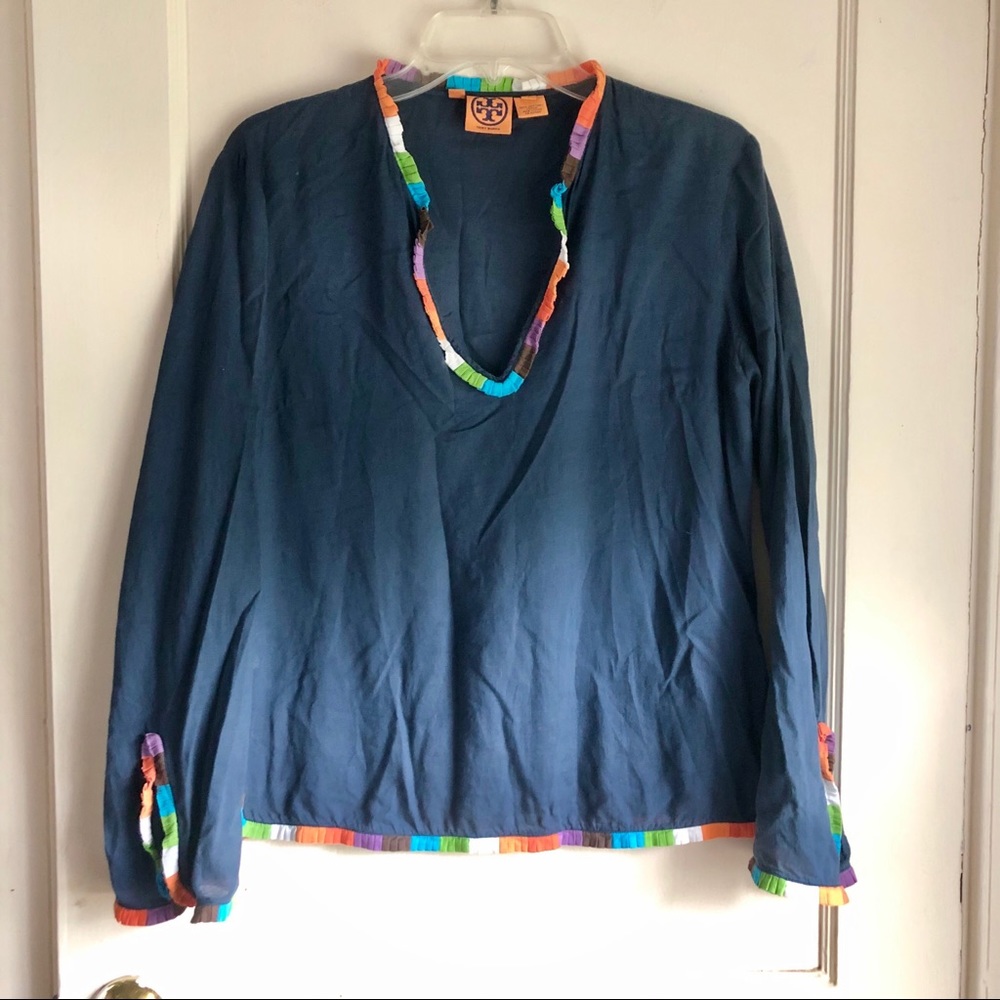 Tory Burch Blue V-Neck Multicolor Ruffle Hem Top